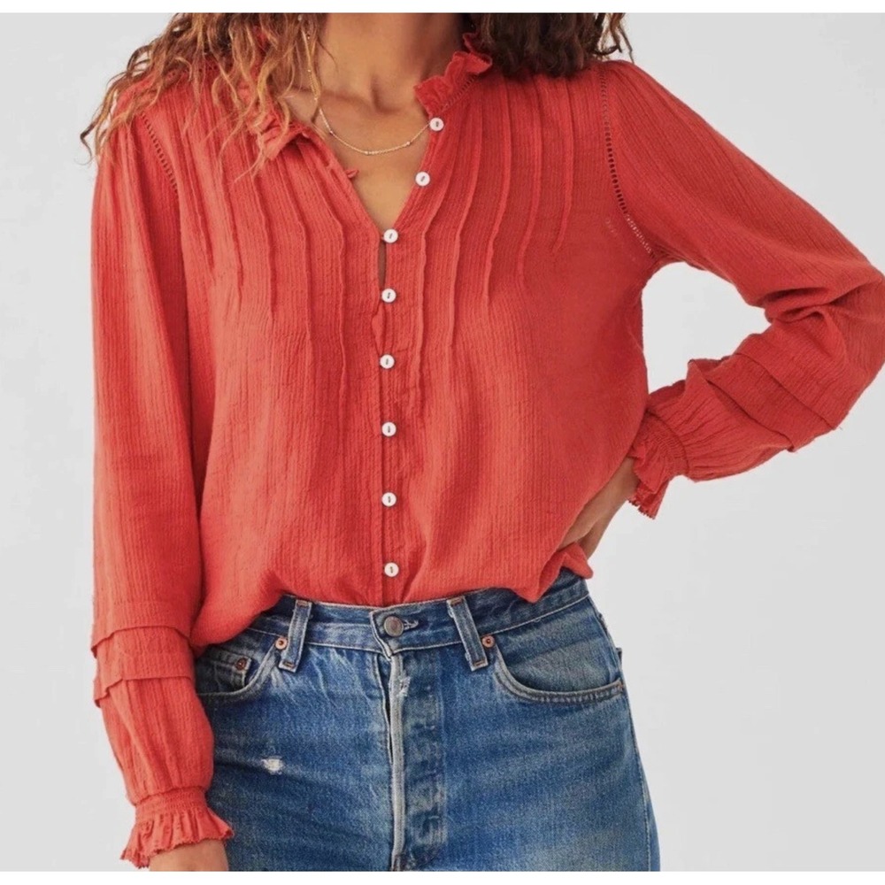 Faherty Willa Blouse Carmine Red Organic Cotton Ruffle Pintuck Shirt Boho M